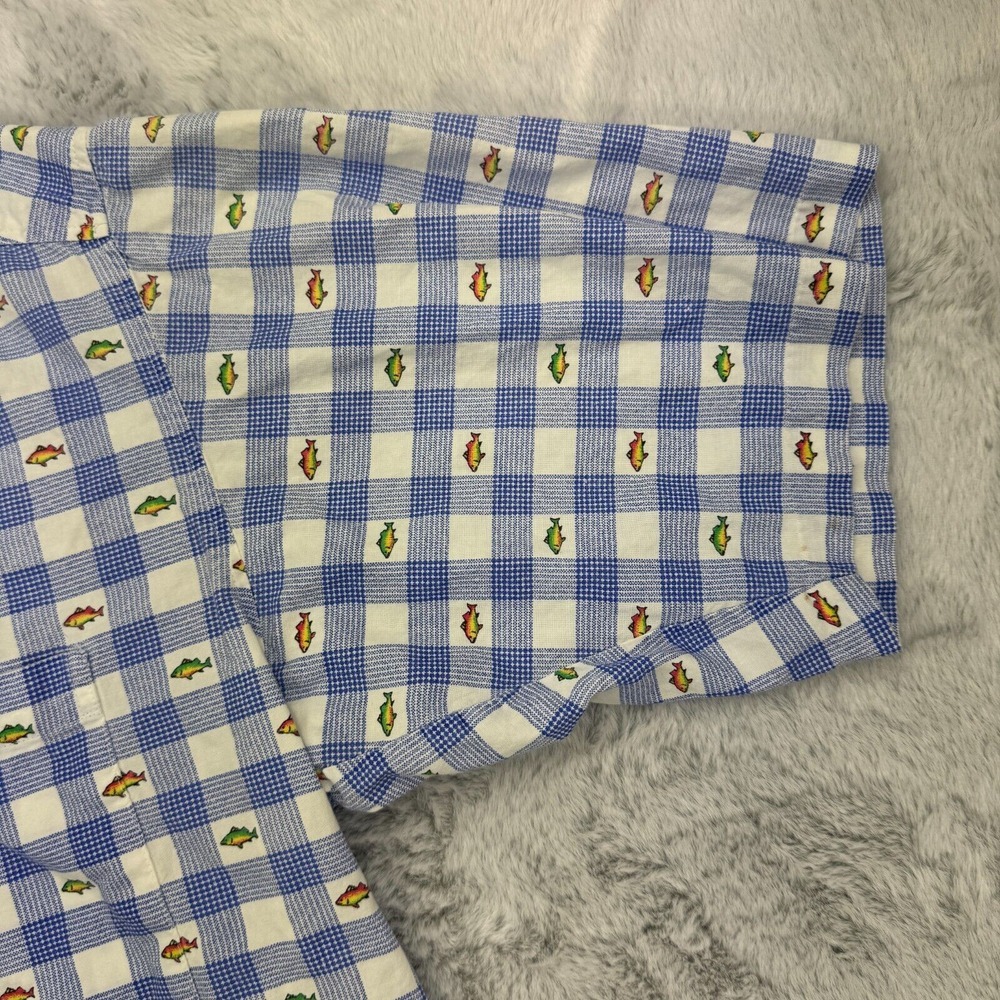 Johnny Cotton Shirt Men M Blue White Plaid Fly Fish Trout Print Button Up VTG - Picture 3 of 7